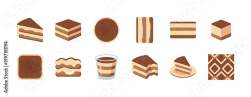 A collection of isometric flat illustrations depicting various forms of tiramisu dessert, including slices, cubes, and a drink, perfect for culinary and food-related designs.