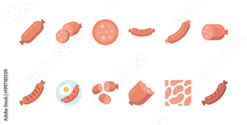 A collection of flat design vector illustrations of various sausages, including whole links, sliced pieces, and a sausage with a bite taken out, presented on a white background.