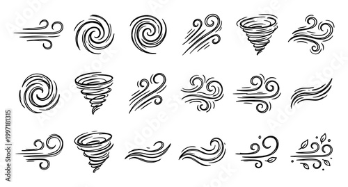 Wind doodle set with tornado swirl and gust of air blow