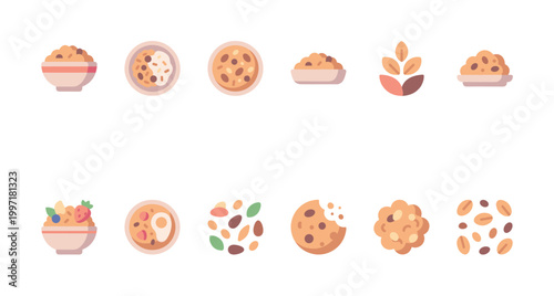 A collection of flat design icons featuring various breakfast foods like oatmeal, fruit, cookies, and grains on a white background.
