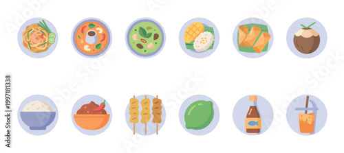 Collection of stylized flat icons depicting popular Thai dishes and ingredients, perfect for culinary websites, menus, or travel guides.