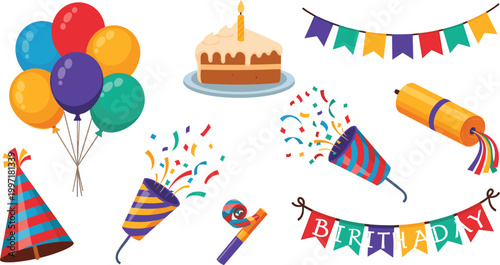 Colorful Vector Birthday Party Icons Set Featuring Balloons, Cake, Confetti, Party Hats, Streamers, and "Birthday" Banner for Event Planning, Invitations, and Decorations