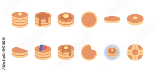 A collection of flat design icons featuring stacks of pancakes, some with syrup and butter, and individual pancakes in various states of consumption.