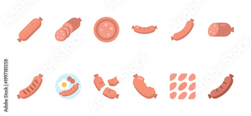 A collection of flat design icons featuring various types of sausages, including whole links, sliced, grilled, and with breakfast eggs, on a clean white background.