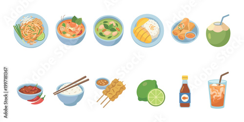 A vibrant flat illustration showcases a variety of popular Thai dishes and drinks, perfect for culinary themes and travel promotions.