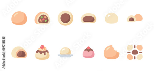 A collection of cute, simple, and colorful vector illustrations of various sweet desserts and pastries on a clean white background.