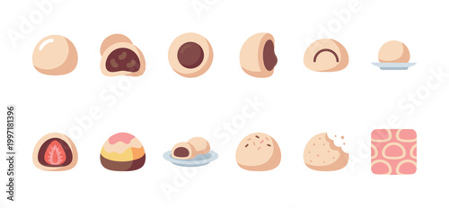 A collection of cute, flat-style illustrated mochi desserts and related elements on a white background, showing different flavors and textures.