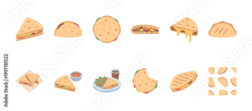 A vibrant collection of flat-designed Mexican food illustrations including tacos, quesadillas, and sandwiches on a white background.