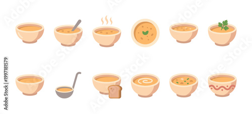 A flat illustration showcases a variety of soup bowls and a ladle, featuring different toppings and decorative elements on a white background.