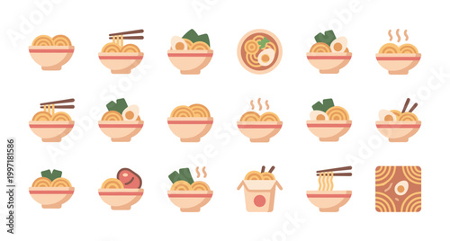 Flat design collection of various ramen noodle bowls and take-out boxes with steam, eggs, and seaweed on a white background.