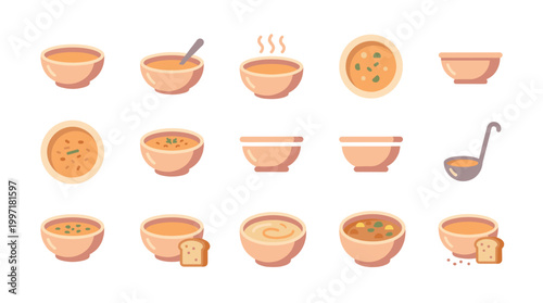 A collection of simple, flat design illustrations of various soup bowls and a ladle, featuring warm colors and a clean white background. Perfect for food blogs, menus, or recipe cards.