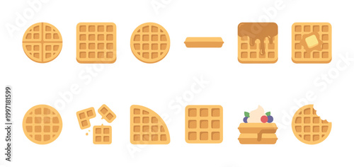 A set of flat design waffle illustrations showcasing various shapes, toppings, and states, perfect for food-related concepts and designs.