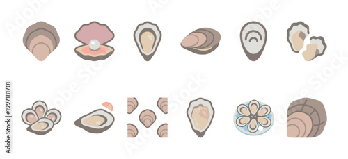 This delightful collection features various flat icon illustrations of oysters, including opened shells with pearls, single oysters, and arrangements on plates, all in a muted color palette.