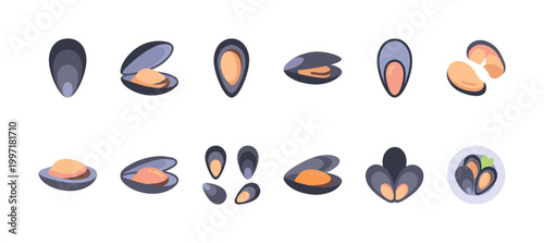 Collection of flat vector icons showcasing mussels in various open and closed states, some with orange flesh, on a white background.