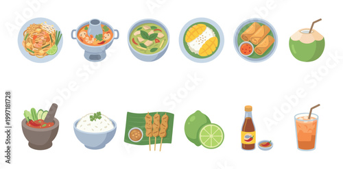 A vibrant flat design illustration showcases a collection of popular Thai dishes and ingredients, ideal for culinary themes and travel content.