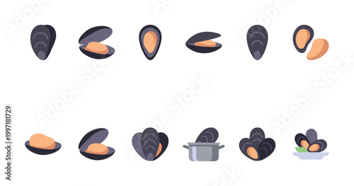 A flat illustration collection of mussels in various states, including closed, open, cooked in a pot, and served on a plate.