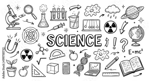 Science doodle set with microscope atom molecule and laboratory glass