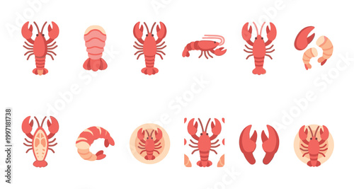 Collection of flat design icons featuring lobsters and shrimps in various poses and styles on a white background.