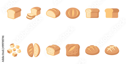 A collection of flat design illustrations depicting various types of bread, including loaves, sliced bread, and rolls, against a clean white background.