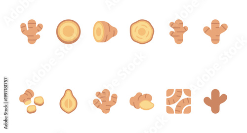 A collection of simple, flat icons representing ginger root in whole, sliced, and diced forms, perfect for recipes, health articles, and culinary themes.