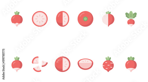 A collection of charming flat icon illustrations featuring radishes in various states of preparation, including whole, sliced, and halved, on a clean white background.