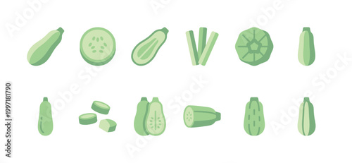 A collection of flat icon illustrations of fresh zucchini in various forms including whole, sliced, and chopped, on a white background.