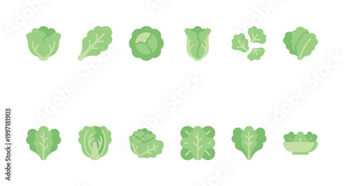 A collection of flat, modern icons depicting various types of leafy greens and salad leaves in shades of green, ideal for healthy eating and culinary themes.