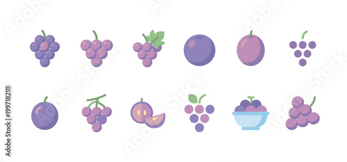 A collection of flat design icons featuring various types of grapes and grape clusters in shades of purple and green on a white background.
