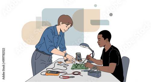 Diverse students learning electronics, soldering circuit board with mentor guidance