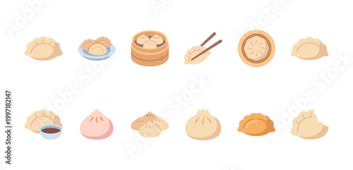 A collection of flat illustration icons featuring various dumplings and dim sum dishes, including potstickers, soup dumplings, and steamed buns with chopsticks and dipping sauce.