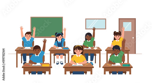 Diverse students raising hands in classroom, eager to answer questions, learning concept