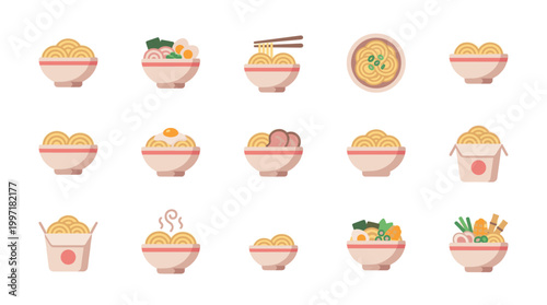 A flat design collection of various bowls and takeout containers filled with delicious noodles and Japanese ramen toppings, perfect for food concepts.