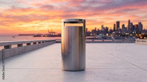 Sleek brushed stainless steel cylindrical waste receptacle stands isolated on a pristine concrete promenade reflecting a vibrant sunset sky.
