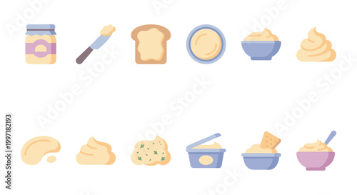 A collection of flat design icons depicting various food spreads like butter and dips, with a jar, knife, toast, bowls, and a sprinkle of herbs for a fresh look.