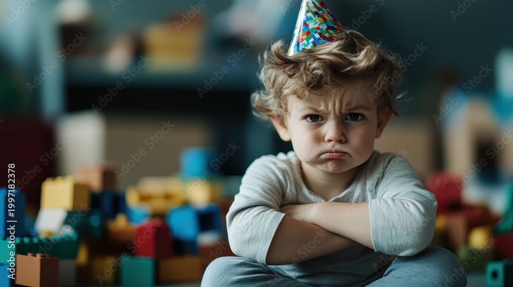 Obraz premium A young boy with a birthday hat sits with a frown, surrounded by colorful LEGO blocks, showcasing emotions of disappointment during playtime in a cluttered environment.