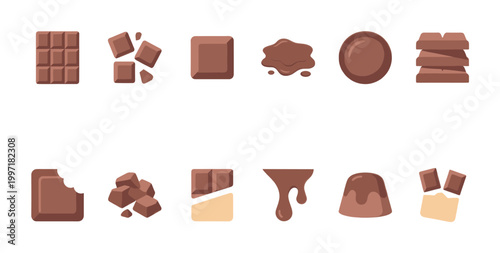 A collection of flat vector illustrations depicting various chocolate treats like bars, bites, melted chocolate, and candies on a white background.
