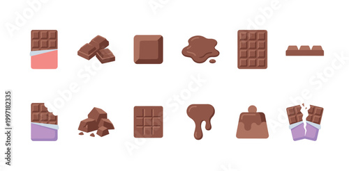 A collection of flat design icons depicting various chocolate bars, broken pieces, and melted chocolate on a white background.
