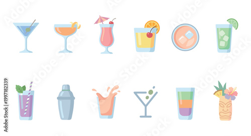 A collection of twelve colorful flat design icons representing various cocktails, mixed drinks, and a cocktail shaker on a clean white background.