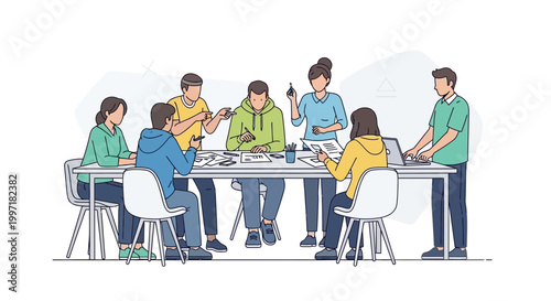 Diverse team collaborating around a table, brainstorming ideas and discussing projects in a modern office setting.