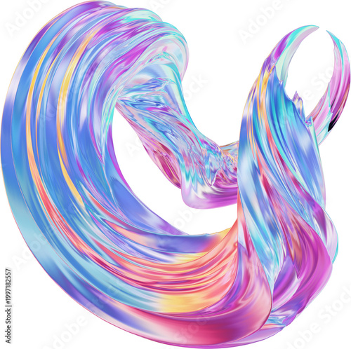 3D Metallic chrome swirl shape, iridescent abstract twist holographic form clipart. Futuristic design isolated illustration