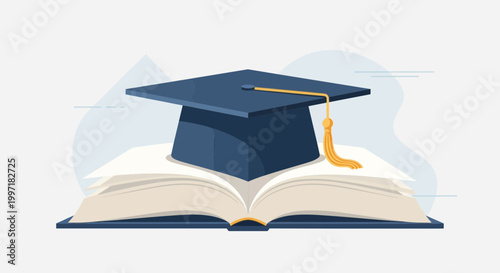 Graduation Cap on Open Book - Symbol of Education, Knowledge, and Academic Achievement