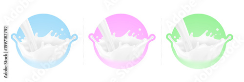 Realistic glass with milk splashes and drops mockup. Vector illustration on colour background. Can be use for your design. EPS10.	