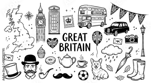 Great Britain London doodle set with hand drawn big ben bus and taxi