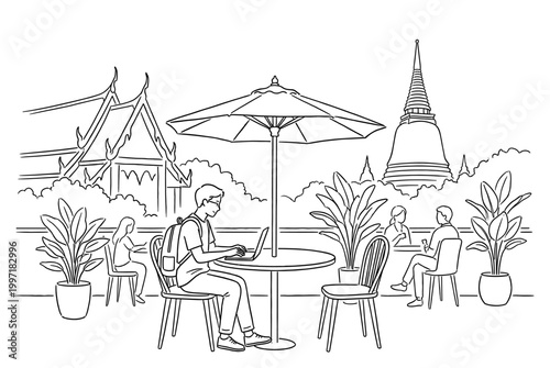 Digital nomad with laptop at Thailand temple view cafe sketch