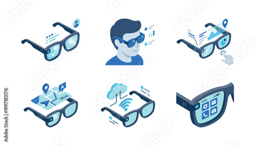 Isometric illustrations depicting various functionalities and uses of augmented reality smart glasses technology.