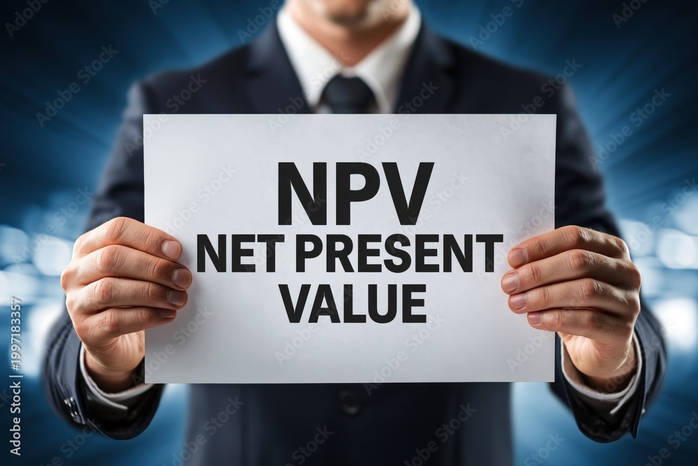 Obraz premium Financial Analyst Holding a Sign with NPV Net Present Value