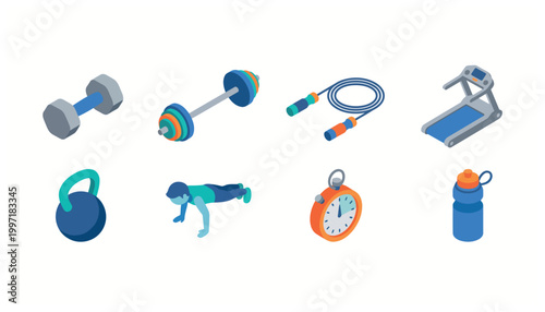 Isometric fitness and workout equipment set including dumbbell, barbell, jump rope, treadmill, kettlebell, push-up, stopwatch, and water bottle for healthy lifestyle.