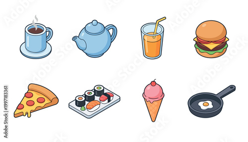 Collection of food and drink isometric icons including coffee, teapot, juice, burger, pizza, sushi, ice cream, and fried egg.