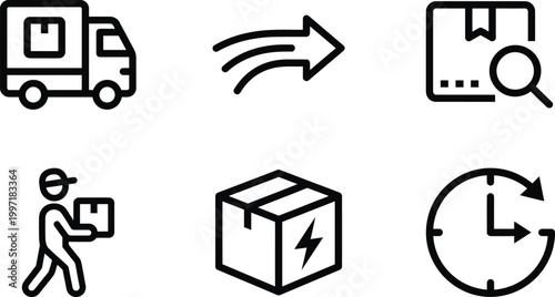 Shipping and delivery process icons set with courier truck package tracking fast dispatch symbols outline vector collection isolated on light background