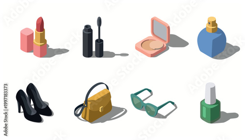 Isometric set of women's fashion and beauty accessories including lipstick, mascara, powder, perfume, high heels, handbag, sunglasses, and nail polish on a white background.